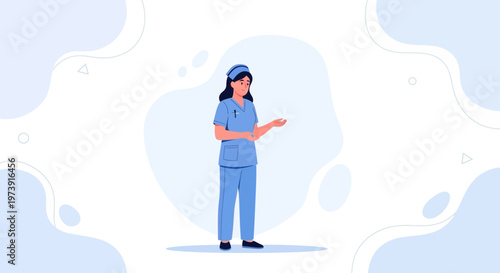 Female Nurse in Blue Scrubs Standing and Talking, Medical Illustration