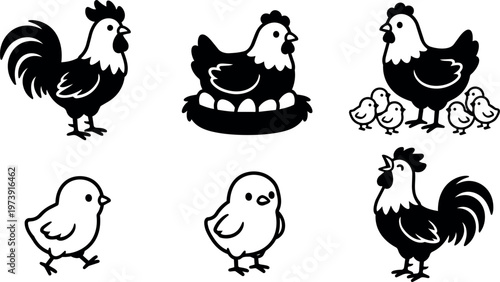 Cartoon farm chickens including rooster hen chicks and nest with eggs