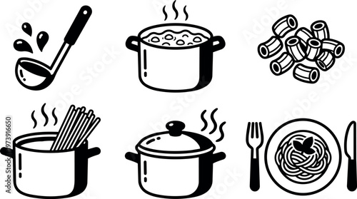 Boiling pot pasta dinner with ladle fork and knife