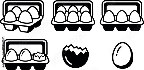 Black and white line art eggs in carton with single egg and cracked shell