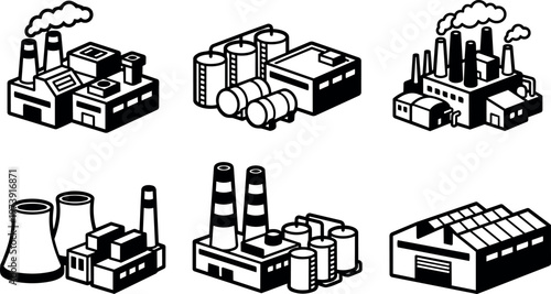 Black and white factory and industrial buildings icons set with smoke and storage tanks