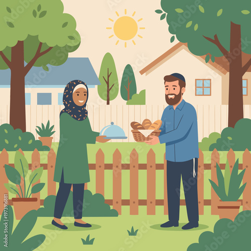 Interfaith neighbors sharing food over a fence