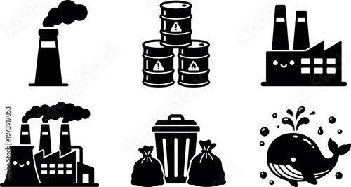 Black and white flat design environmental pollution icons with factory barrels whale and trash