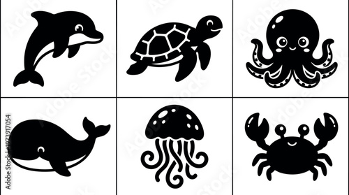 Cute black and white sea animals icons dolphin turtle octopus whale jellyfish crab vector art