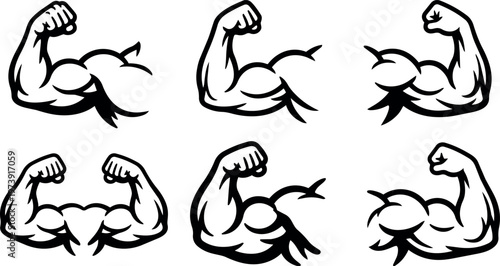 Black and white muscular arm flexing bicep vector art set