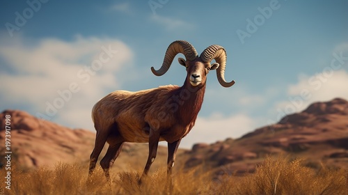 Majestic desert-dwelling ram with massive curled horns overlooking sunlit rugged hills