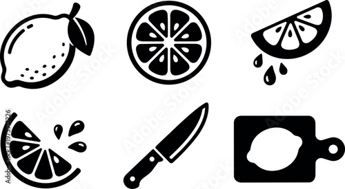Black and white lemon slice knife and cutting board vector icons