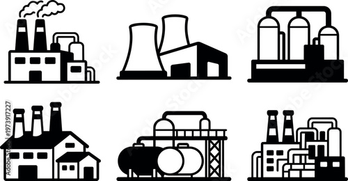 Black and white industrial factory and refinery icons set in flat design