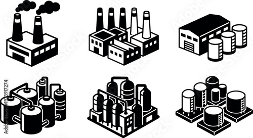 Black and white factory buildings with chimneys and storage tanks vector art