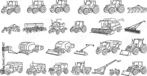 Foto Collection of Agricultural Machinery Including Tractors, Harvesters, Seeders, Ba