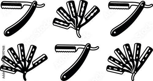 Black and white razor blade fan spread and single folded straight razors vector art
