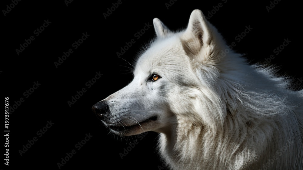 Fototapeta premium Majestic White Arctic Wolf Portrait in Profile Against Pure Night Black Background