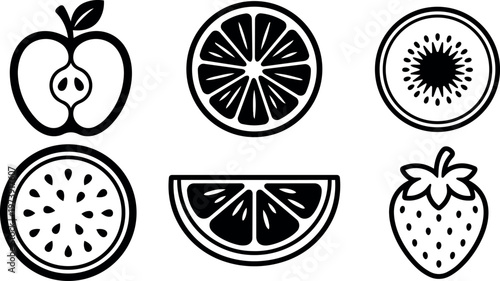 Apple orange kiwi passion fruit slice and strawberry icons