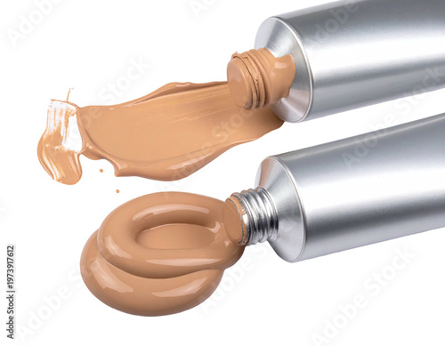 Two tubes of cosmetic foundation with product swatches against a black background
