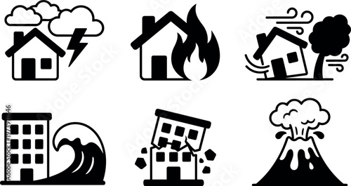 Black and white flat design icons of natural disasters house storm fire wind flood earthquake volcano