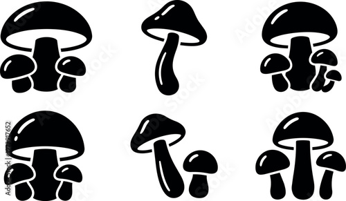 Black and white mushroom icons with clusters and single stems vector art