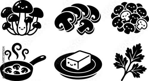Black and white cute mushrooms tofu and herb flat design vector icons