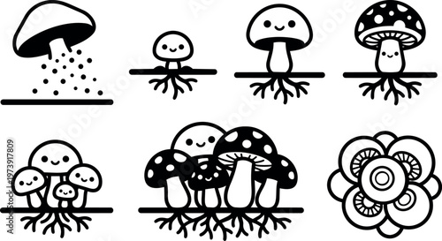 Black and white cute mushrooms growing stages vector art