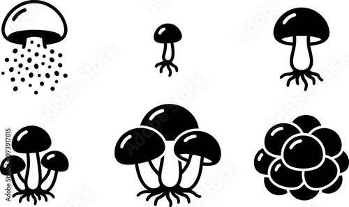 Black and white mushroom spore and cluster icons vector art