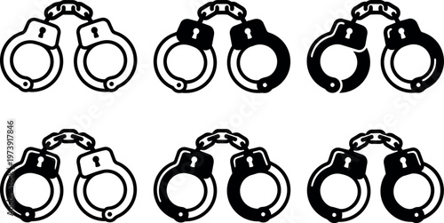 Black and white vector art set of handcuffs in six styles