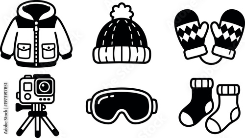 Black and white winter accessories jacket hat mittens socks camera and goggles vector art