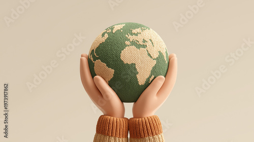 Hands holding the world globe in a minimal eco illustration
