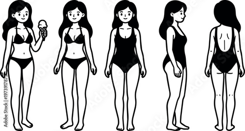 Woman in bikini and swimsuit front side and back views
