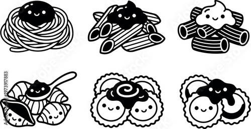 Cute black and white pasta plate icons with happy faces vector art