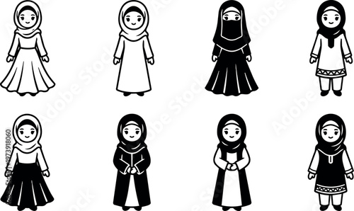 Muslim women in hijab and traditional clothes set
