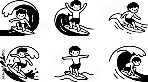 Cartoon boys surfing on waves in different poses