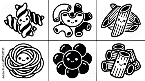 Black and white kawaii pasta shapes with smiling faces vector art