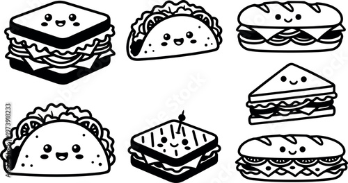 Black and white kawaii sandwich taco happy faces line art vector