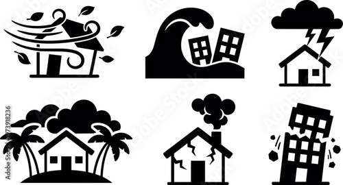 Black and white vector icons of natural disasters damaging houses including wind wave and earthquake
