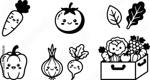 Black and white kawaii style cute vegetables with happy faces and vegetable crate illustration