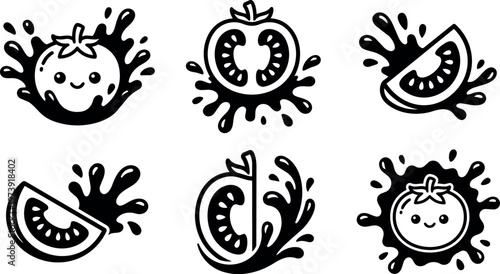 Black and white tomato slices and cute tomato characters with splash vector art