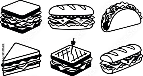 Black and white sandwich taco clipart set with submarine and club sandwiches line art