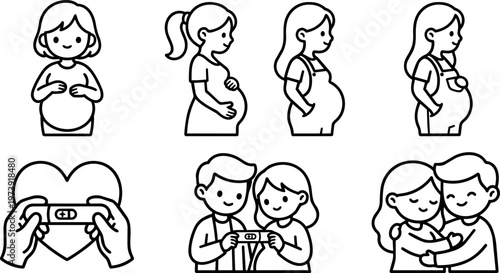 Pregnant women and positive pregnancy tests with couples smiling