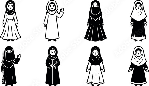 Muslim women wearing hijab and abaya in various poses