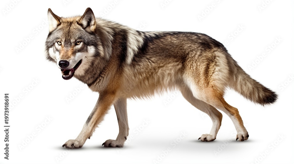 Fototapeta premium Realistic gray wolf walking sideways on a white studio background
