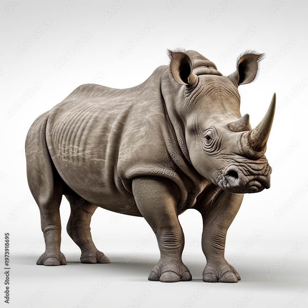 Fototapeta premium Realistic 3D Rendering of a Large Gray One-Horned Rhino Standing in a Studio