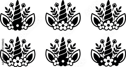 Black and white unicorn horn with floral wreath vector art set