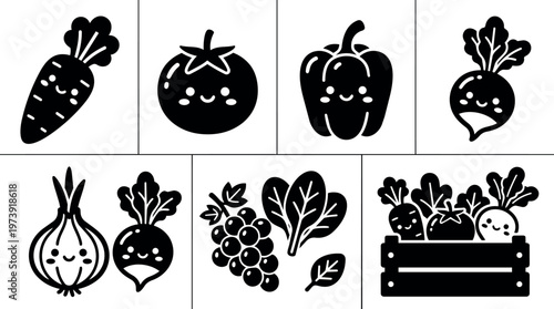 Cute smiling vegetables carrot tomato pepper radish onion grape and spinach in crate vector art