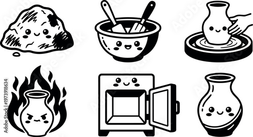 Black and white cute pottery making process cartoon vector art set