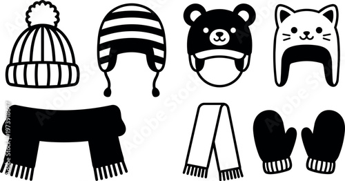 Black and white winter hats mittens and scarves vector art set