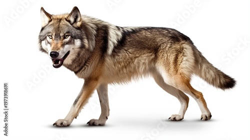 Realistic gray wolf walking sideways on a white studio background