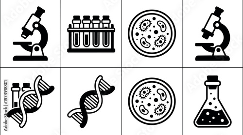 Black and white laboratory icons microscope test tubes dna and petri dish vector art