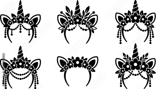 Black and white floral unicorn headband icons with beads and leaves vector art