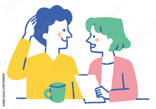 A man and a woman discussing something while looking at a flyer_Color