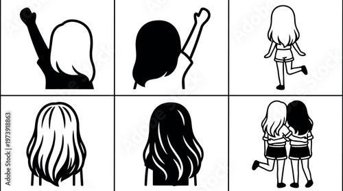 Black and white vector art back view girls raising arms and walking together