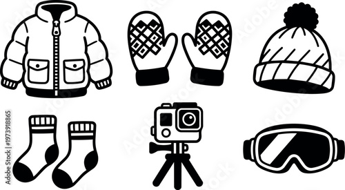 Black and white winter jacket mittens socks action camera and ski goggles line art set